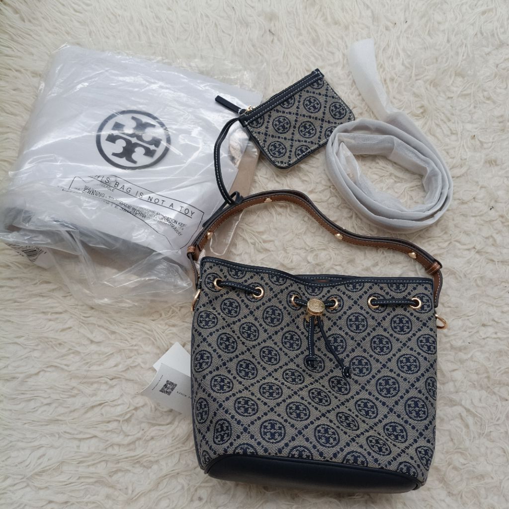 TB T Monogram Bucket Bag in Tory Navy kulit asli kulit domba tas selempang sling bag serut