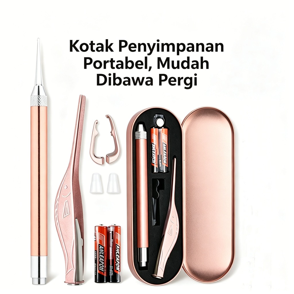 Rose Gold Lighted Ear Cleaning Tool Set, LED Visible Ear Spoon & Ear Tweezers Kit with Portable Stor