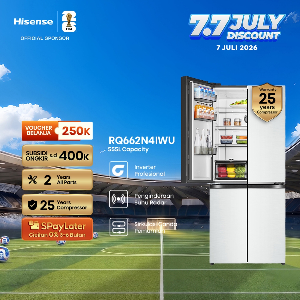 Hisense Kulkas RQ662N4IWU Refrigerator 4 Pintu Kapasitas 555L Warna Putih Inverter Pro 360 Derajat M