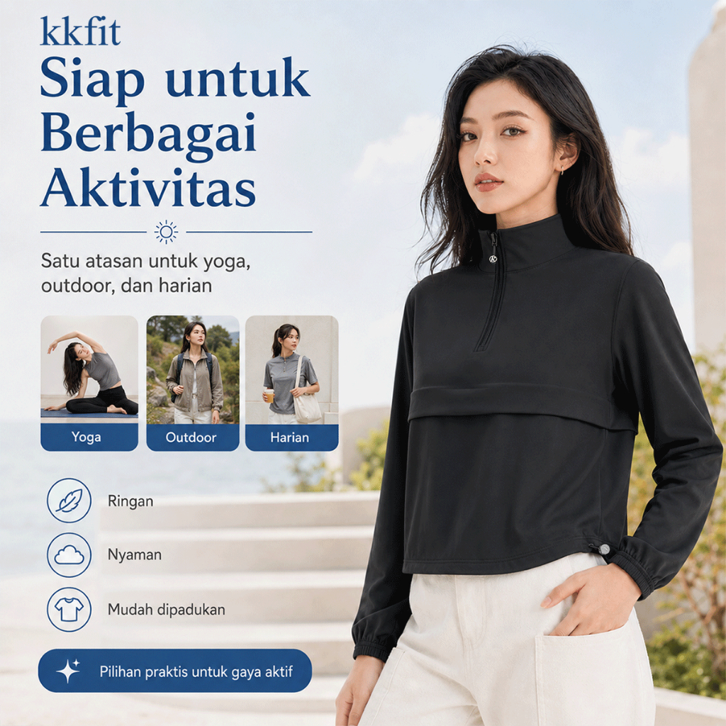KKFIT Jaket Olahraga Wanita Cropped Half-Zip Anti UV, Ringan Stretchy untuk Yoga & Outdoor (X016)
