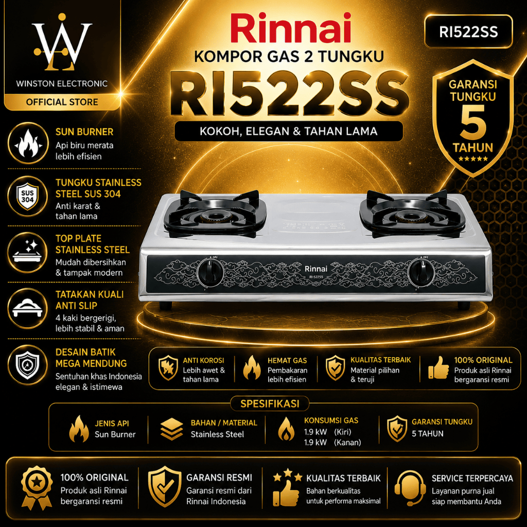 KOMPOR GAS RINNAI RI522SS 2 TUNGKI/RI-522-SS / RI 522 SS/RI-522SS/RI 522SS/ORIGINAL BERGARANSI RESMI
