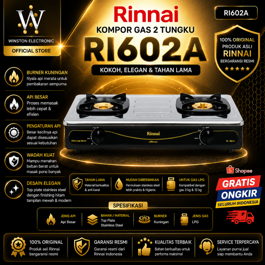 KOMPOR GAS RINNAI  2 TUNGKU RI 602 A/RI602A/RI 602-A/RI-602-A/KOMPOR GAS 2TUNGKU ORIGINAL BERGARANSI