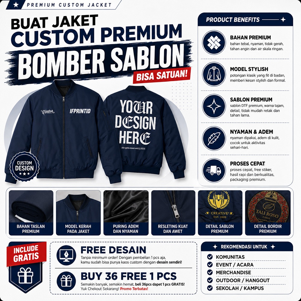 JAKET BOMBER CUSTOM SABLON TASLAN BORDIR | JAKET PILOT CUSTOM | JAKET WORK CUSTOM SABLON BORDIR