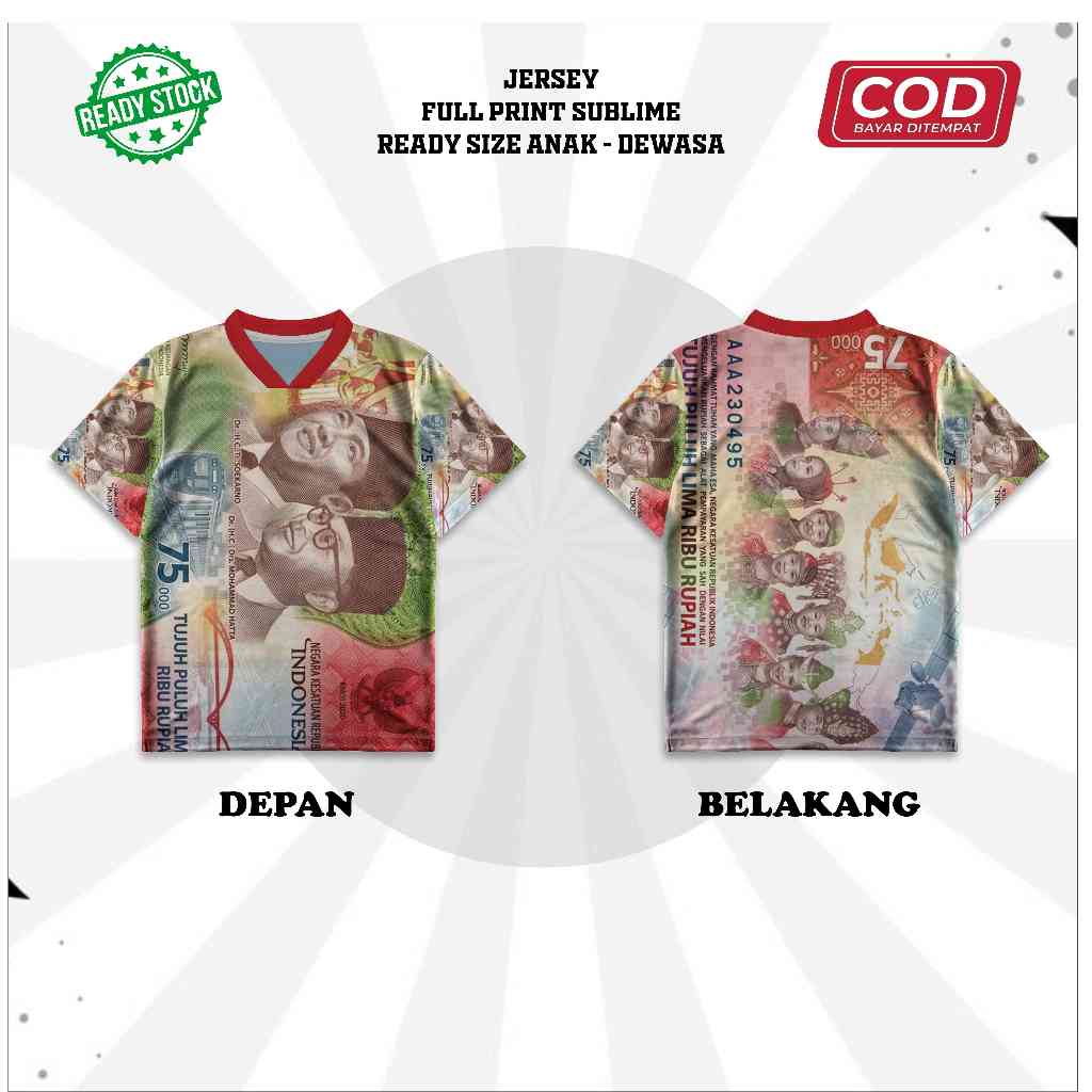 Kaos Jersey Motif Uang 75 Tujuh Puluh Lima Ribu Baju Sport Duit Gambar Unik Full Printing Sublim Vir