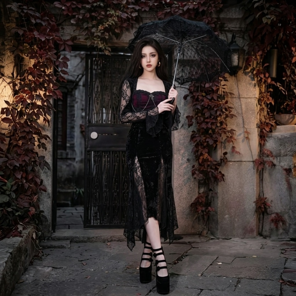 Gothic Dress Cantik Dengan Cutingan Fitbody / Long Dress Gothic  Berlengan Panjang Kekian Dengan Aks