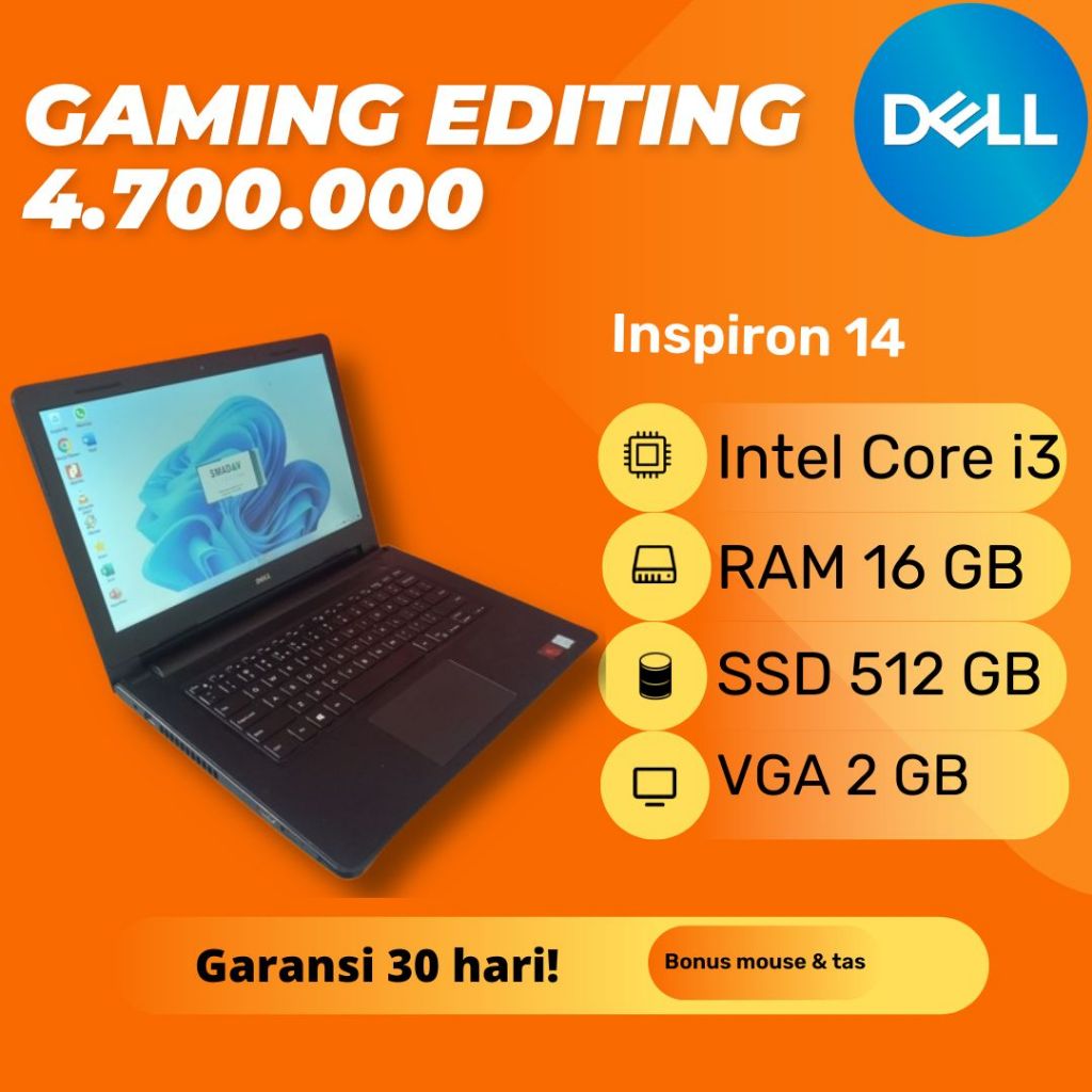 Laptop Dell Inspiron 14 3476 Gaming Editing Intel Core i3 7020U SSD 512GB RAM 16GB Dual Double VGA S