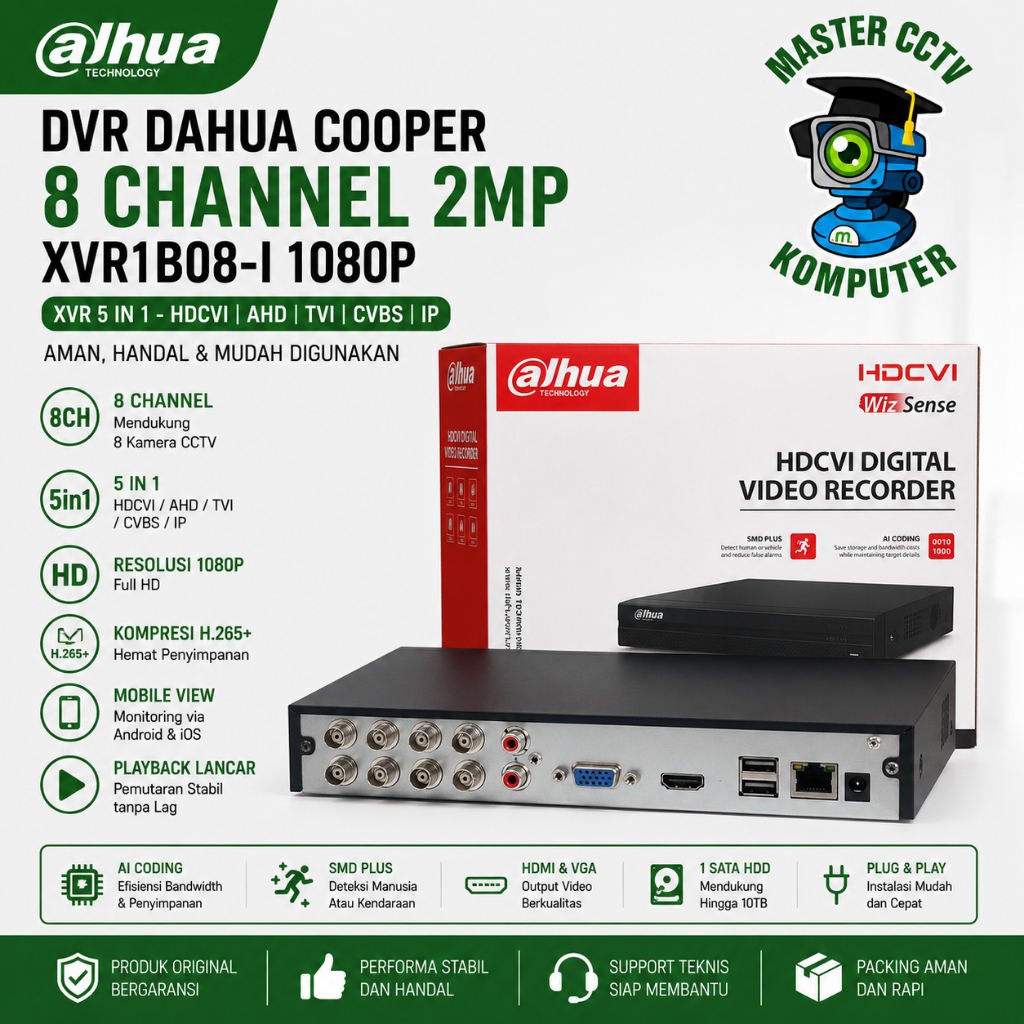 DVR DAHUA COOPER 8 CHANNEL 2MP XVR1B08-I 1080P Original | DVR CCTV 8CH H.265+ Support Kamera Analog 