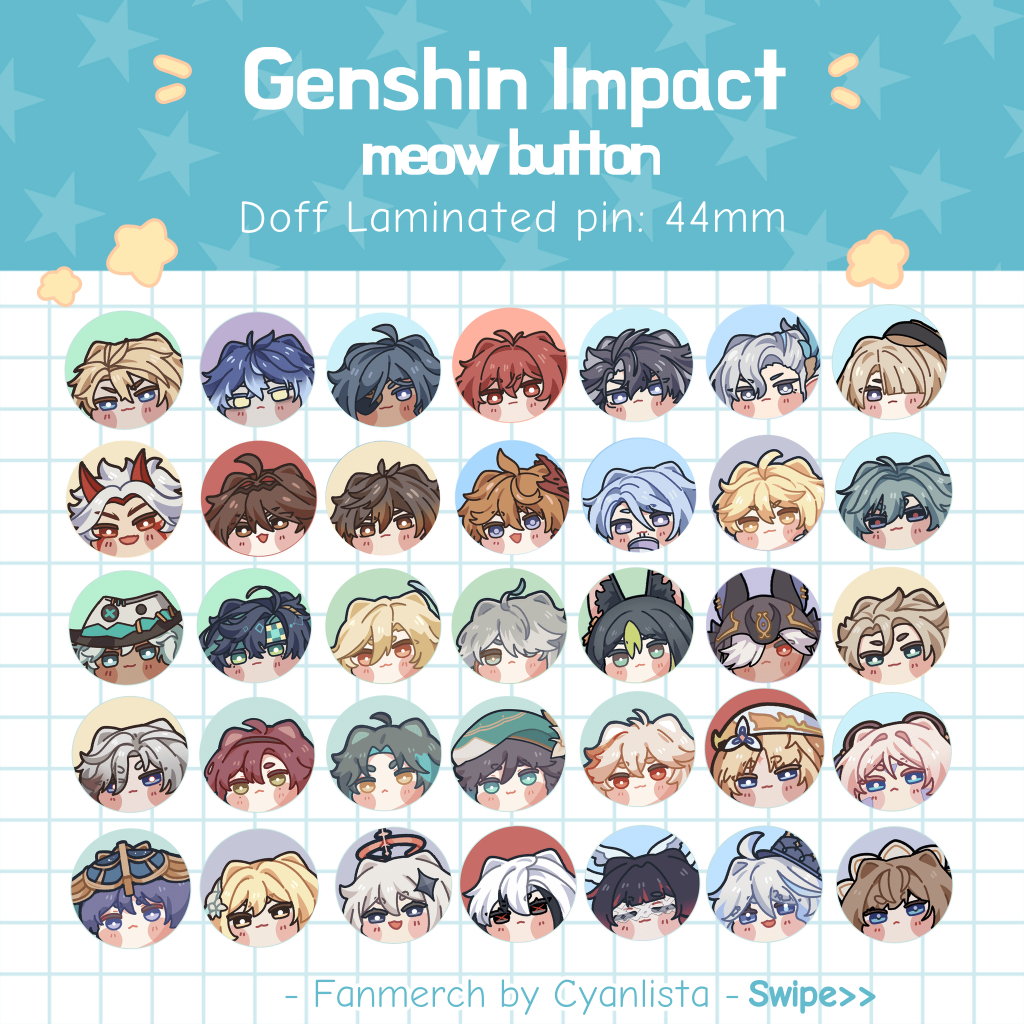 [Cyanlista] Genshin Impact Meow Buttons 44mm Pin Genshin Impact | Varka Durin Kazuha Xiao Wanderer H