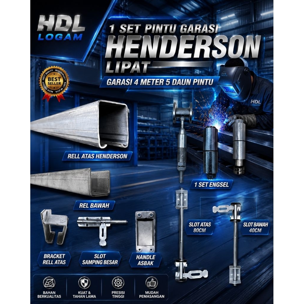 Set Rel Pintu Garasi Henderson Lipat Panjang 4 Meter 5 Daun Pintu Tebal Rel 2.3 mm Full Aksesoris