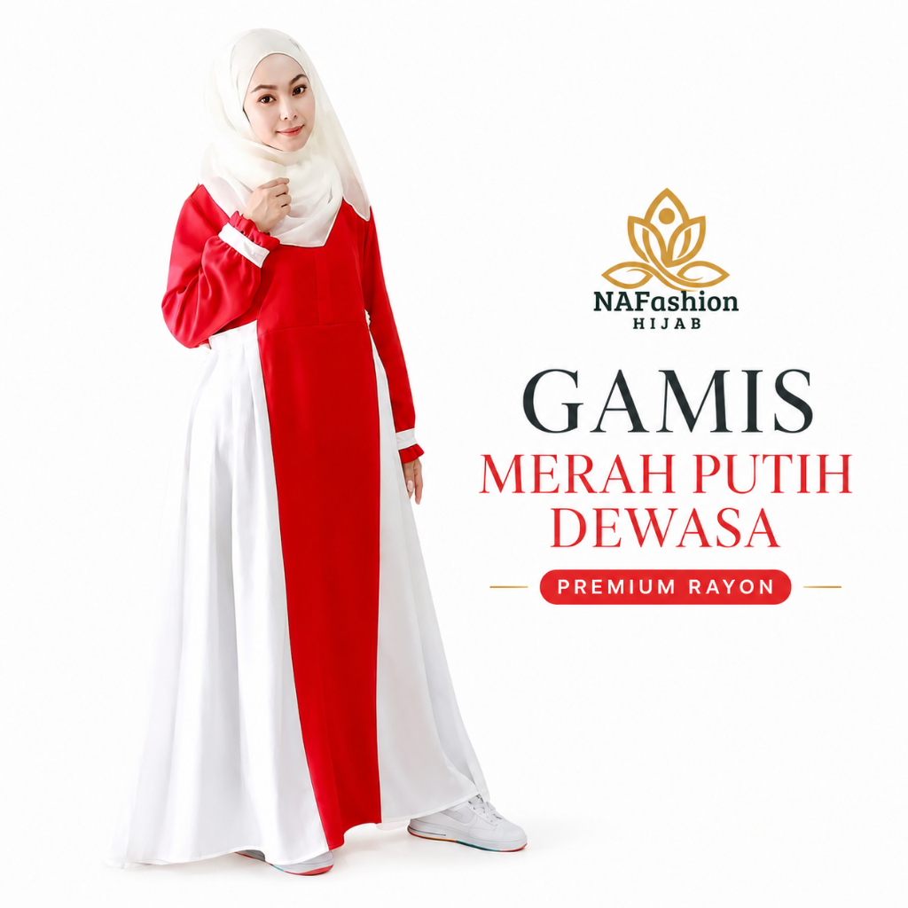 Gamis Merah Putih Dewasa Rayon Premium Lengan Panjang Baju Muslim Wanita HUT RI 17 Agustus Outfit Ke