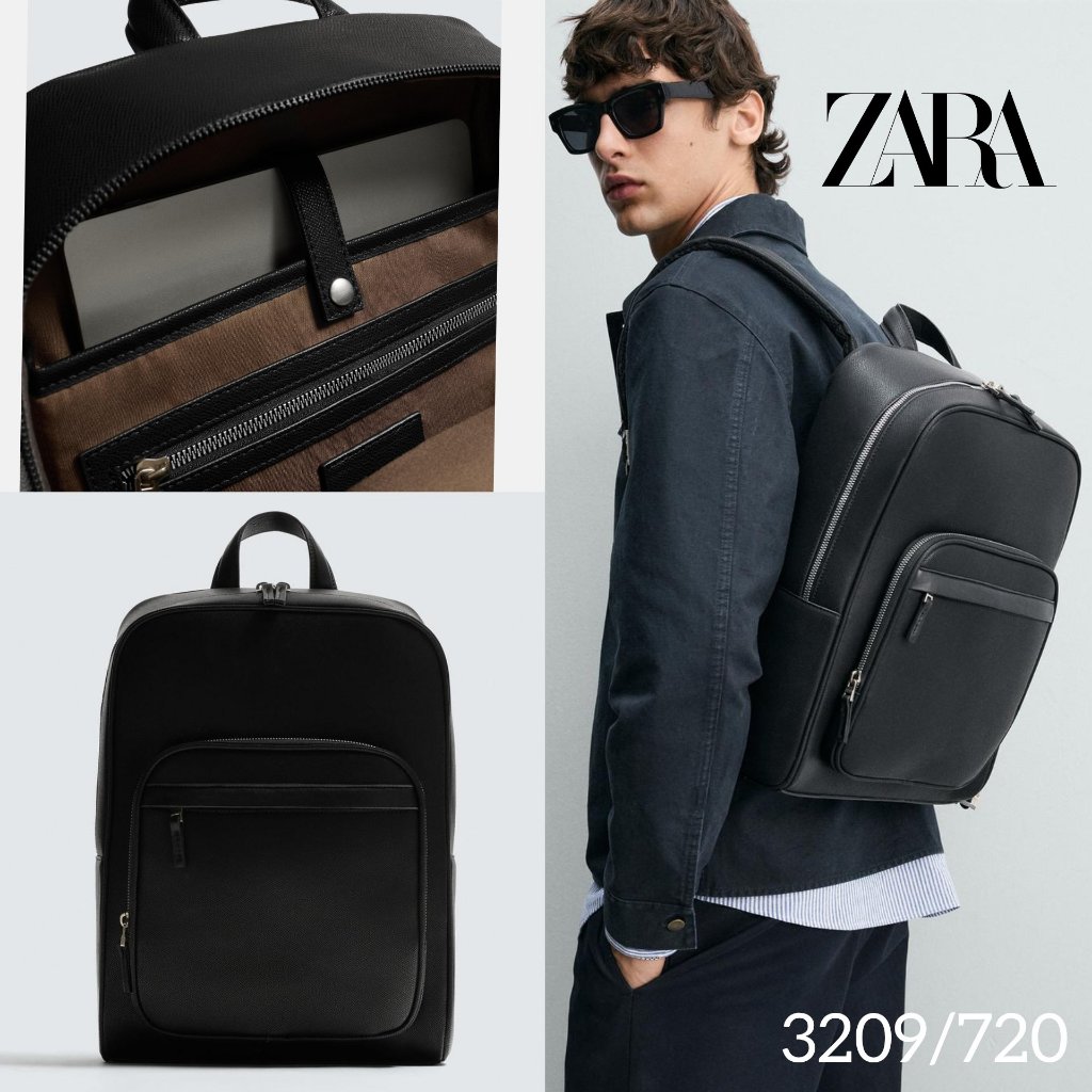 Tas Ransel Zara Man Black Monochrome Texture Backpack With Luggage Strap Black Bag Hitam Original Ta
