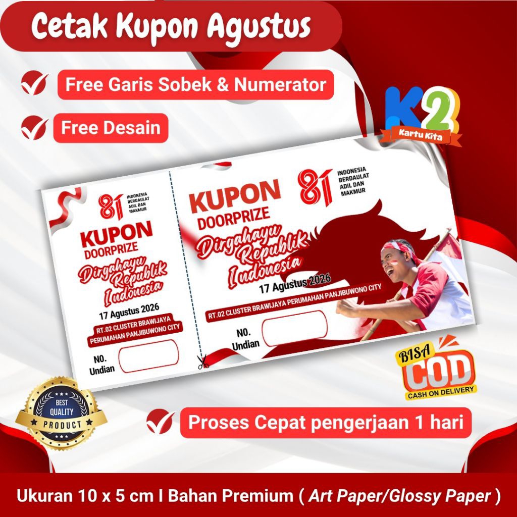 Cetak kupon agustus/ kupon Hari kemerdekaan/kupon doorprize agustus/kupon K2