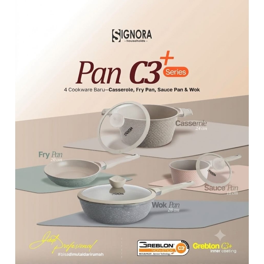 Panci Set C3+ Granite Greblon Coating Signora + Bonus | Wok Frypan Saucepan casserole