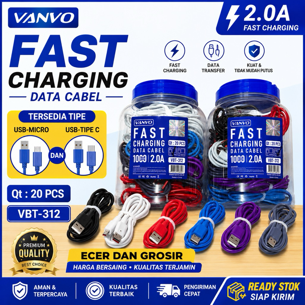 Kabel Data Vanvo VBT 312 100CM | MICRO dan TYPE C Fast Charging & Support VOOC||1 TOPLES