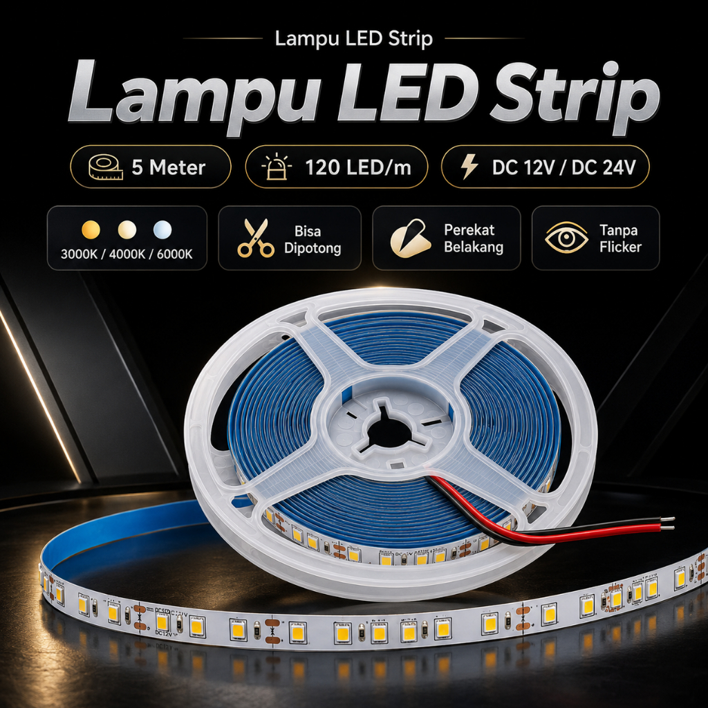 LED Strip 5M 12V/24V 120 LED/M 10W/M 3 Warna 3000K 4000K 6000K Fleksibel untuk Dekorasi Rumah Indoor