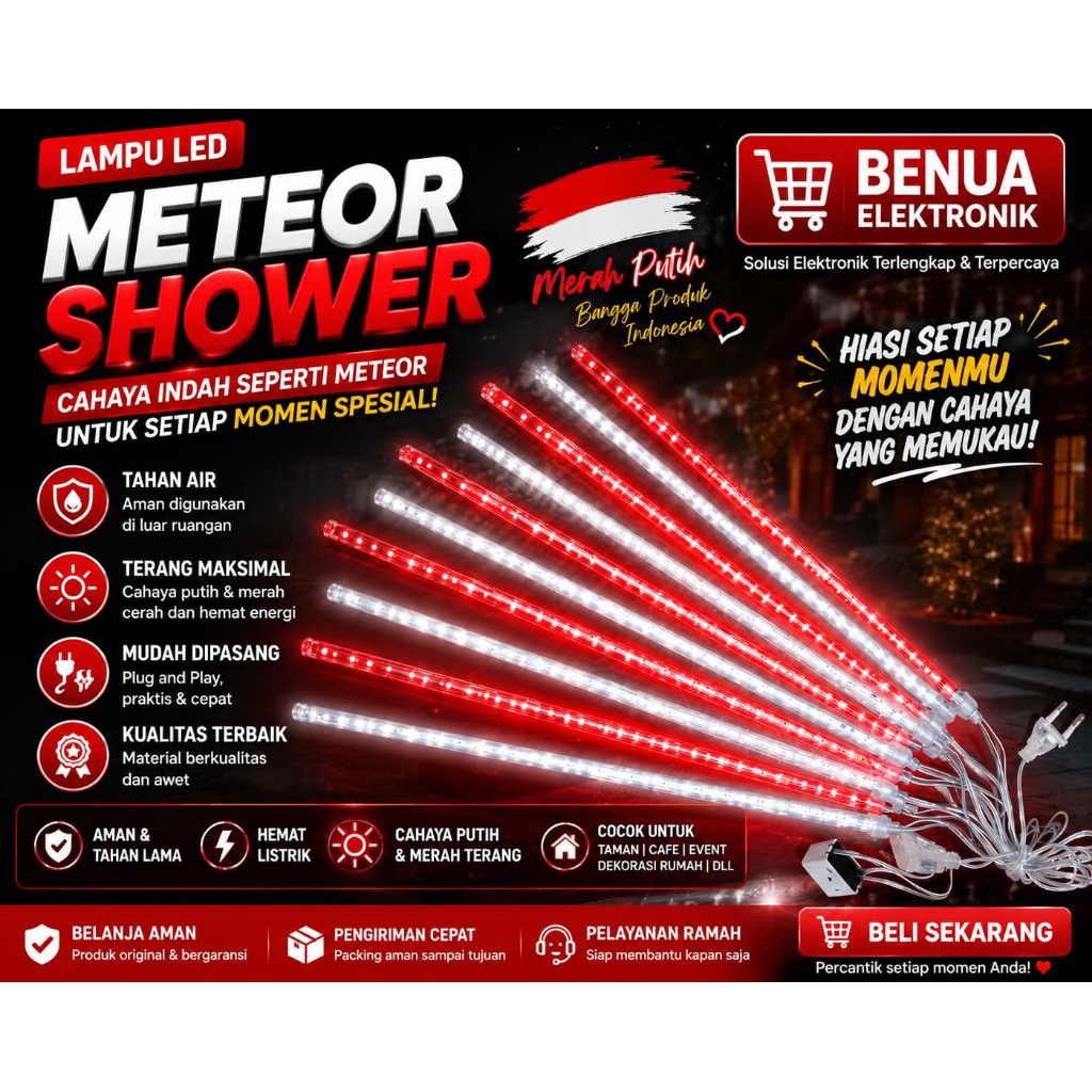 Obral Putih Meteor LED Hujan 40CM Merah Putih - Lampu Meteor Hias Led Batang Merah Putih RGB