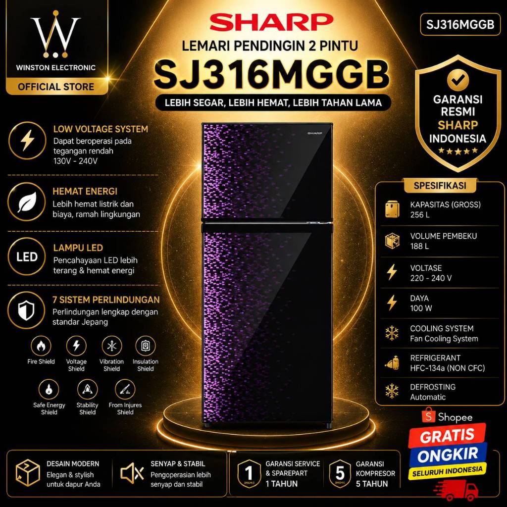 KULKAS SHARP 2 PINTU SJ316MGGB LEMARI ES 237L/SJ-316MGGB/SJ 316MGGB/KULKAS 2 PINTU ORIGINAL GARANSI