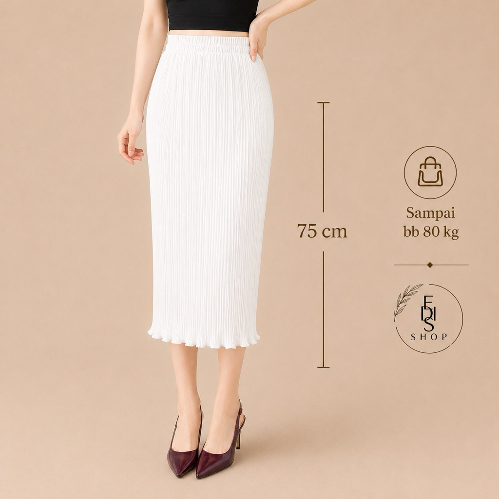 Rok Wavy Midi Plisket Premium Rok Span Midi Wanita Plisket Lidi Gelombang Full Karet