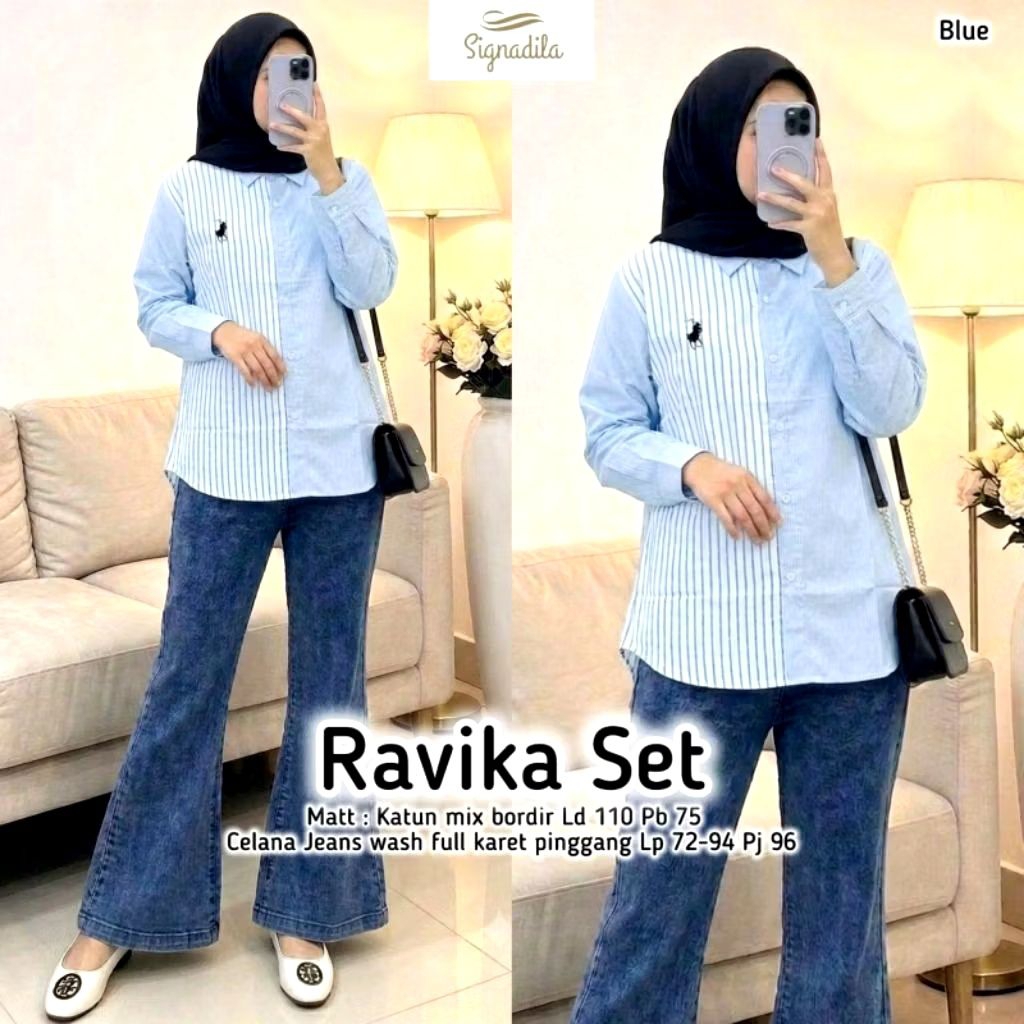 Tania Setelan Wanita Atasan Katun Motif Salur Dan Celana Cutbray Jeans Wash One Set Wanita Terlaris