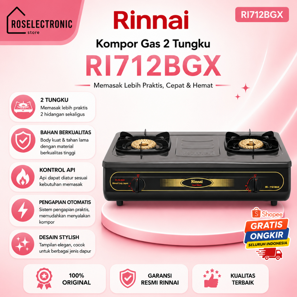 Kompor Gas Rinnai 2 Tungku RI 712BGX ORIGINAL BERGARANSI/RI712BGX/RI 712 BGX/RI-712-BGX/RI-712BGX