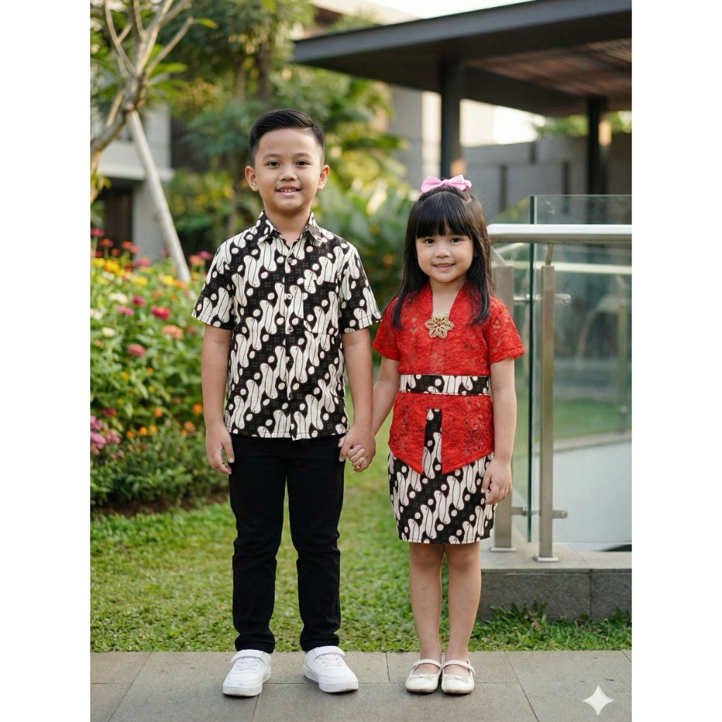Couple Setelan Kebaya Anak Bali 2025 Bahan Brokat Dan kemeja Hem anak S-XXL