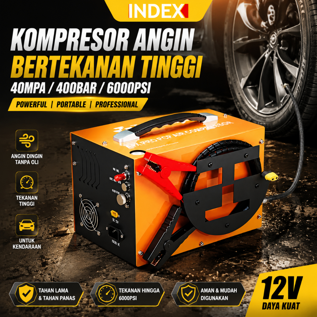 INDEX Kompresor Portable Mini 12V 4500PSI 40MPa - Electric PCP Air Compressor untuk Tabung Oksigen &