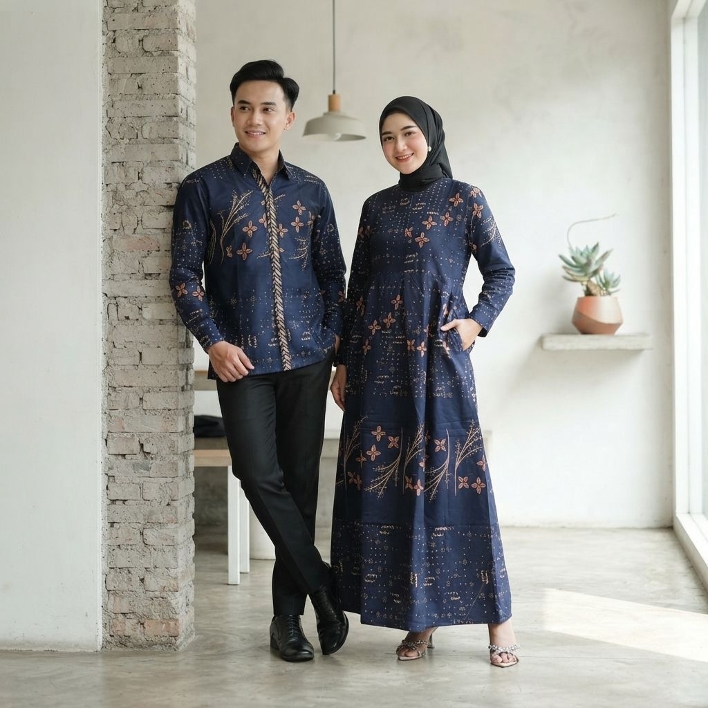 BINTANG BIRU NAVY Gamis Couple Kemeja Pasangan Batik Suami Istri Katun Standar M L XL dan Jumbo Mode