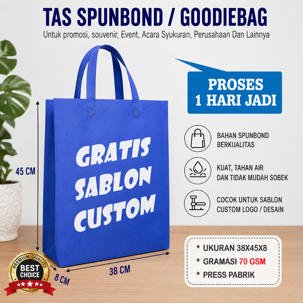 TAS SPUNBOND SABLON CUSTOM tali 38x45 Tas Goodie Bag custom TEBAL/ TAS SOUVENIR GOODIE BAG / SEMBAKO