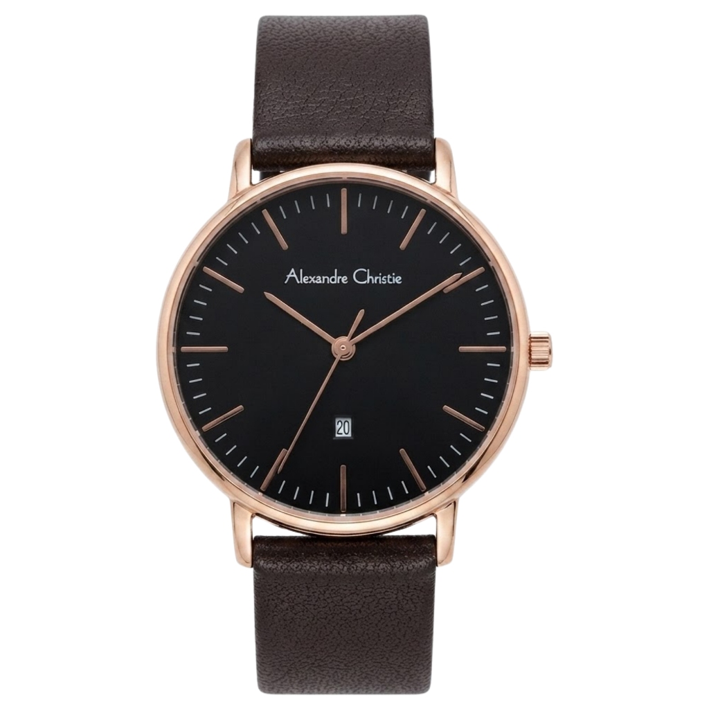 Galery Jam Tangan Alexandre Christie Classic AC 8420 MD Black Dial Brown Leather Strap
