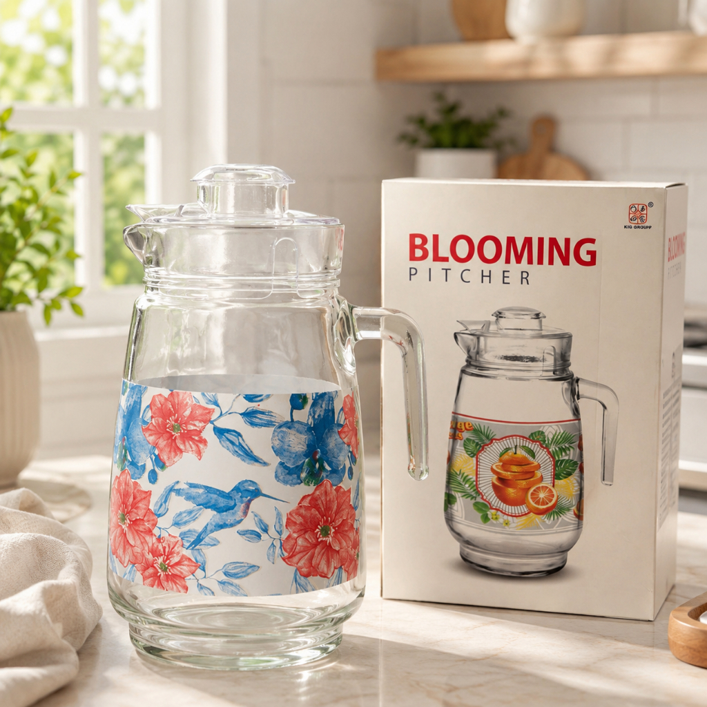 KIG Group Blooming Pitcher 1.1L - Teko Kaca Motif Bunga Aesthetic / Water Jug Kaca Premium Motif Flo