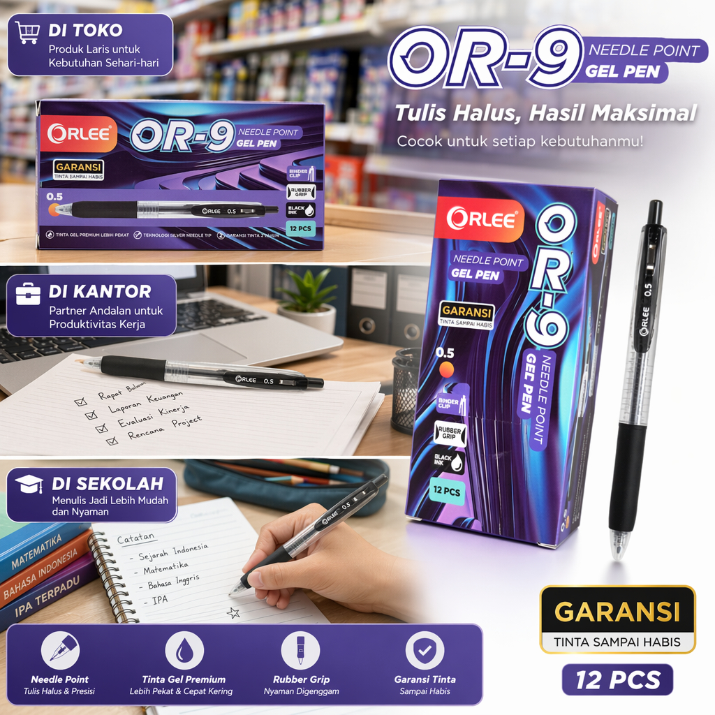 1Box isi 12 Pcs / 1 Lusin Pulpen Gel Pen Orlee OR-9 Needle Point 0.5mm Tinta Hitam Premium Pekat Halus Ujung Jarum Grip Karet Anti Slip Klip Lusin 12pcs Alat Tulis ATK Kantor Sekolah Ujian Garansi Awet Grosir Murah Lancar Nyaman Bagus Original Terbaik