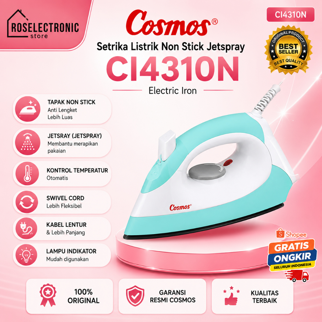 COSMOS SETRIKS LISTRIK/CI-4310-N/CI 4310 N/CI-4310N/CI 4310N/COSMOS ELECTRIC IRON NON STICK JETSPRAY