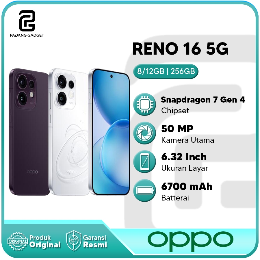 OPPO Reno 16 5G RAM 8GB/256GB & 12GB/256GB HP Android Smartphone 5G Original Garansi Resmi