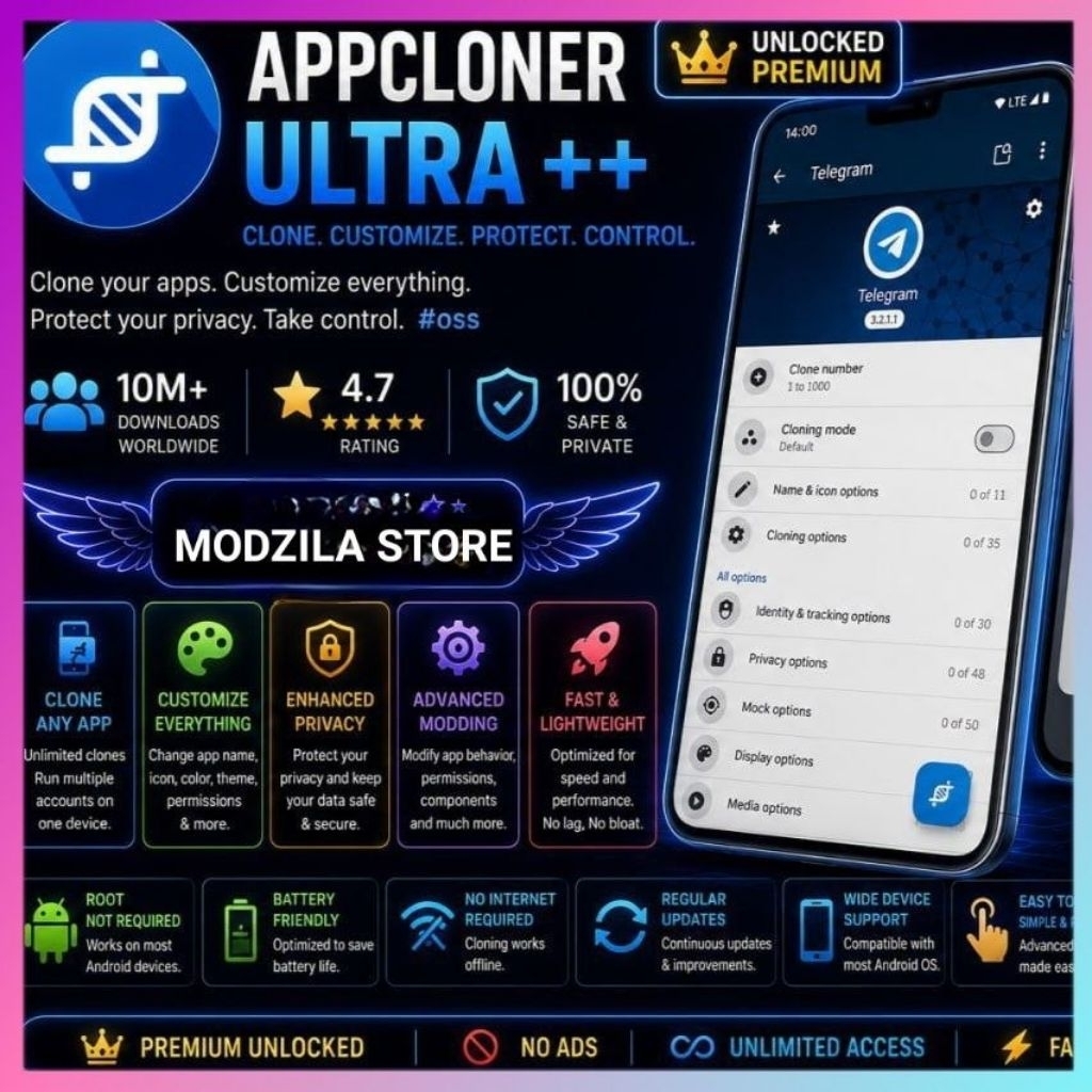 AppCloner Ultra++ Premium Unlock, Clone, Custom, Protect, Control, No Ads, Unlimited Access