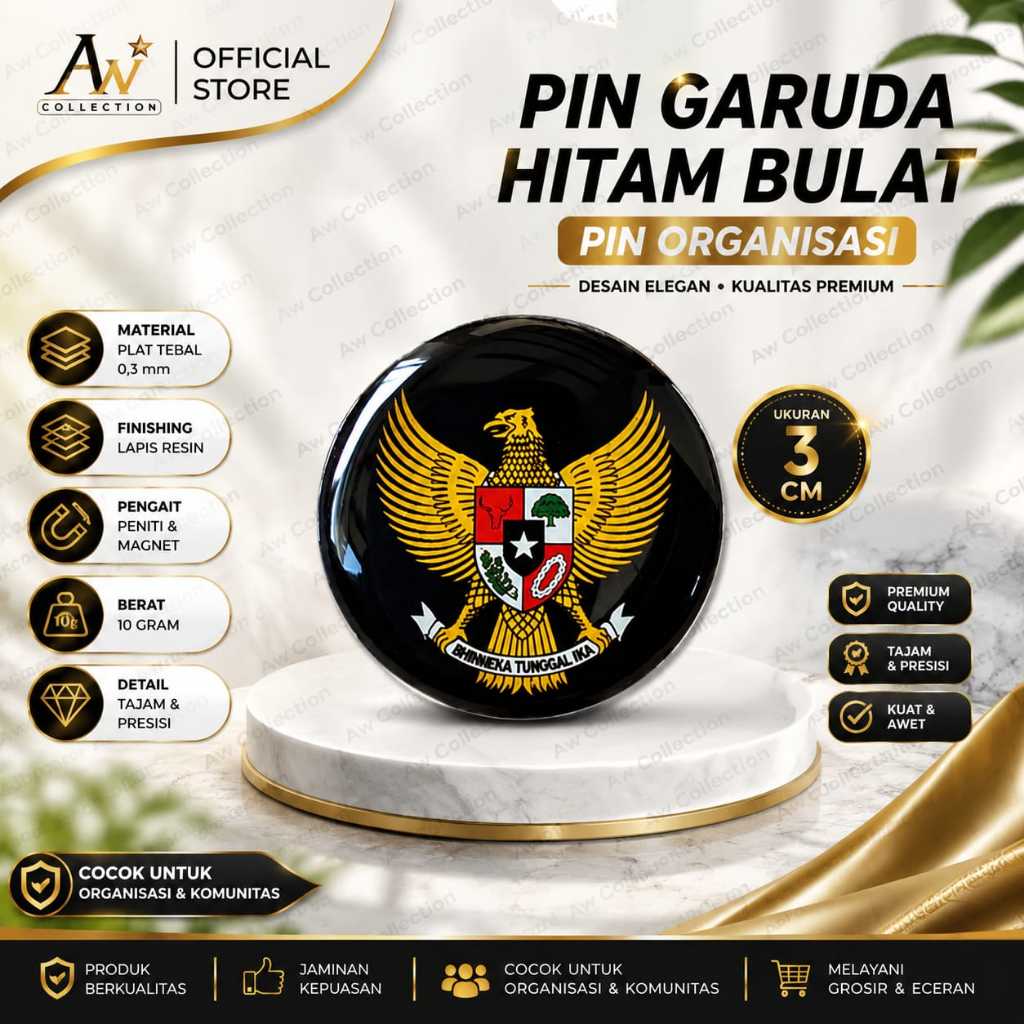 Pin Garuda Indonesia Hitam Bulat 3CM | Pin Garuda Pancasila [033] Premium Berkualitas Tinggi untuk S