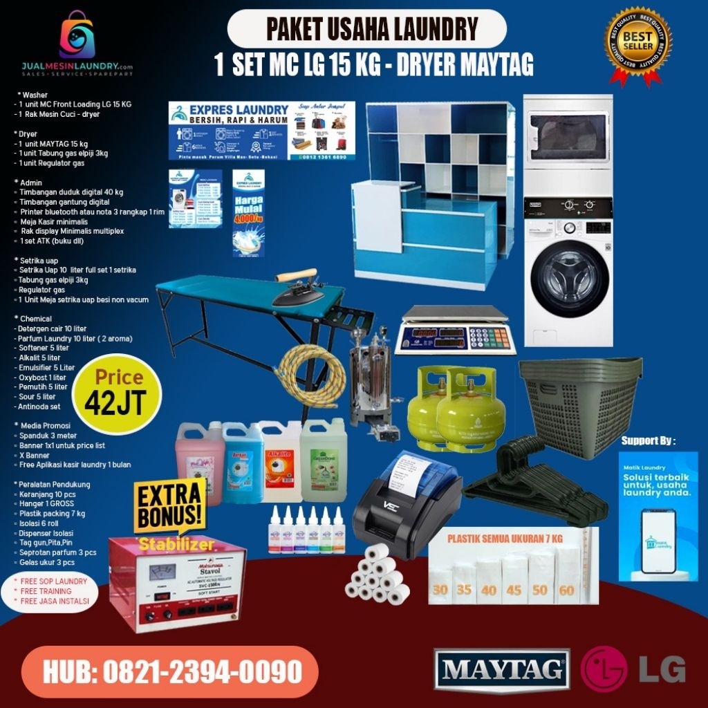 GETWASH - PAKET USAHA LAUNDRY KOMERSIL: LG 15 KG & DRYER MAYTAG
