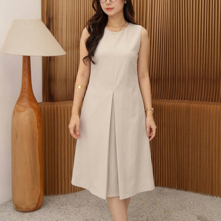 Ezola Midi Dress Kutung Dress Wanita basic Korea Tanpa Lengan Matt Linen Premium OOTD Fashion Remaja