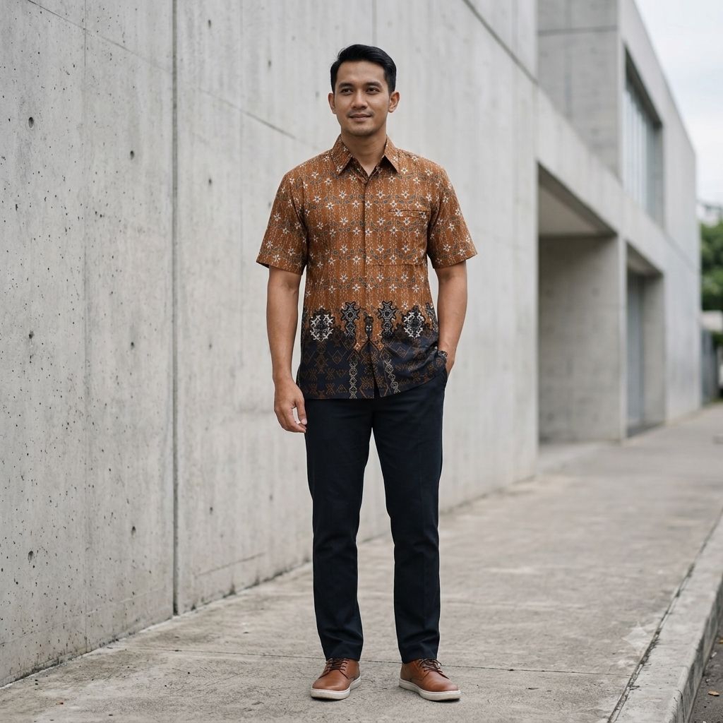 Batik Pria Lengan Pendek Cokelat Katun Prima Reguler  - Seragam Batik Pria Pesta Pernikahan Dan Kant
