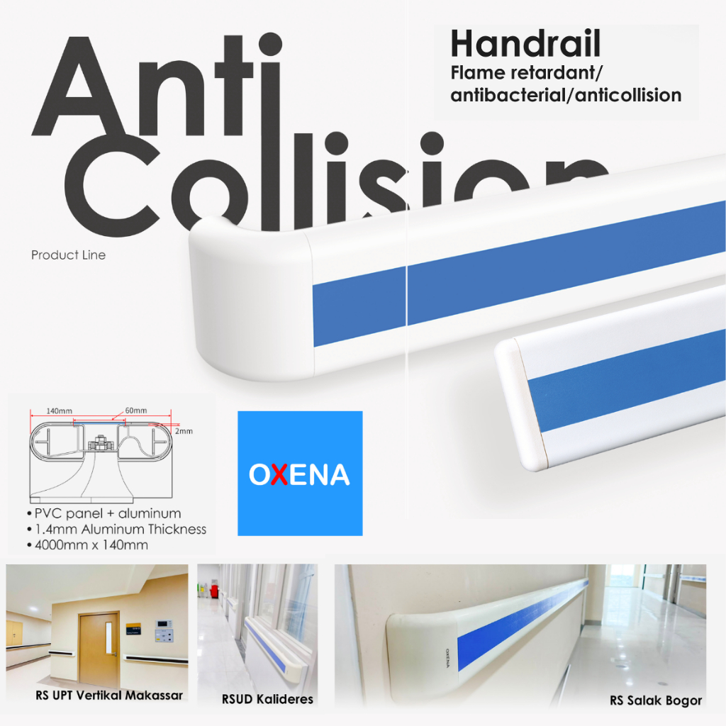Handrail Rumah Sakit PVC Aluminium 140mm Anti Bakteri Anti Bentur Fire Retardant OXENA 4 Meter