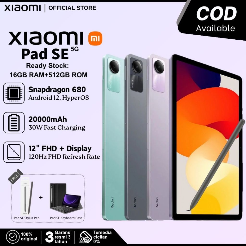 Xiaomi Redmi Pad SE Tablet 16GB+512GB | Snapdragon 680 | Layar 12" FHD+ Eye Care | Baterai Jumbo 20000mAh | Garansi Resmi 3 Tahun