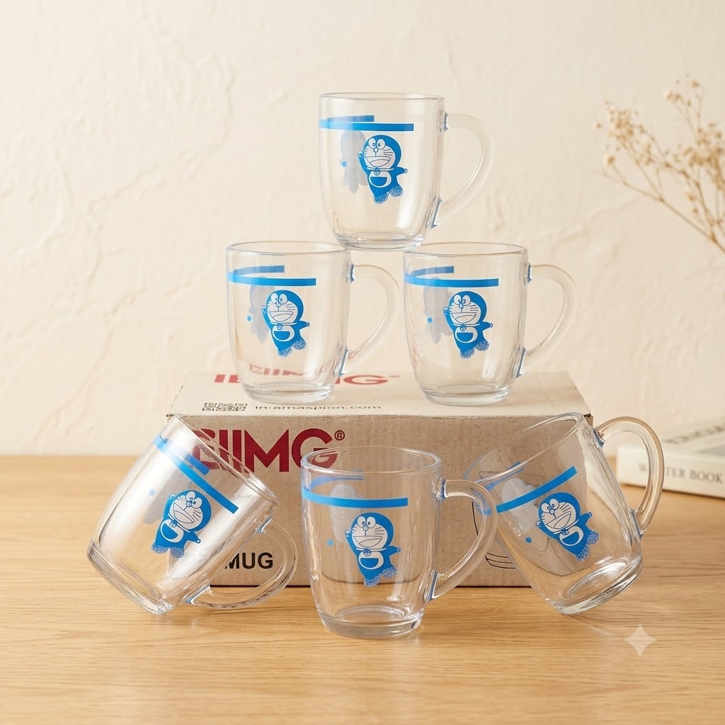 12Pcs Gelas Cangkir Kaca Doraemon Gelas Beling Doraemon /Cangkir Kopi Beling
