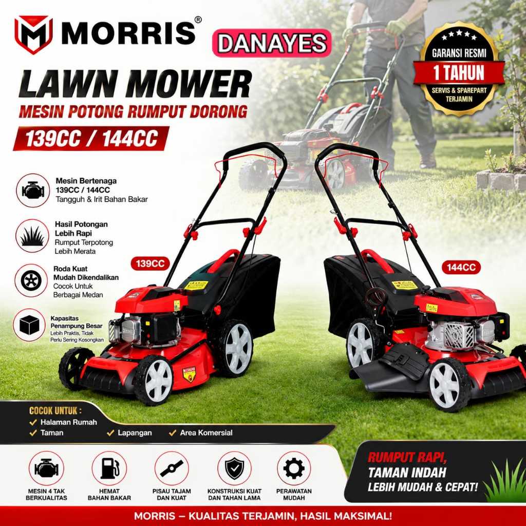 MORRIS Mesin Potong Pemotong Rumput Dorong Otomatis 18" Lawn Mower 1P65FB 2.2kW 2,5kW 139CC 144CC 46