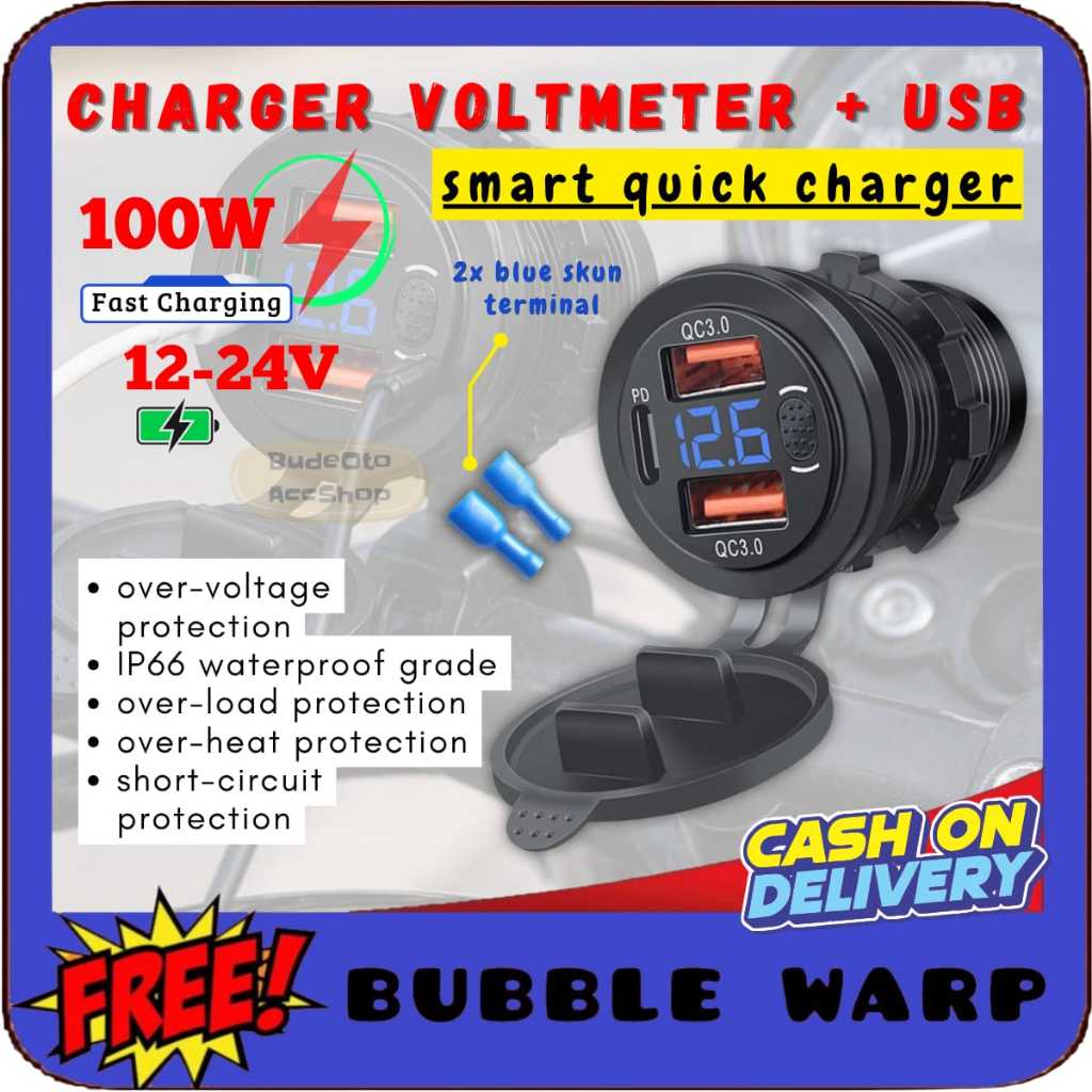 Charger usb motor mobil Plus volt meter voltmeter aki universal beat vario mio avanza dll