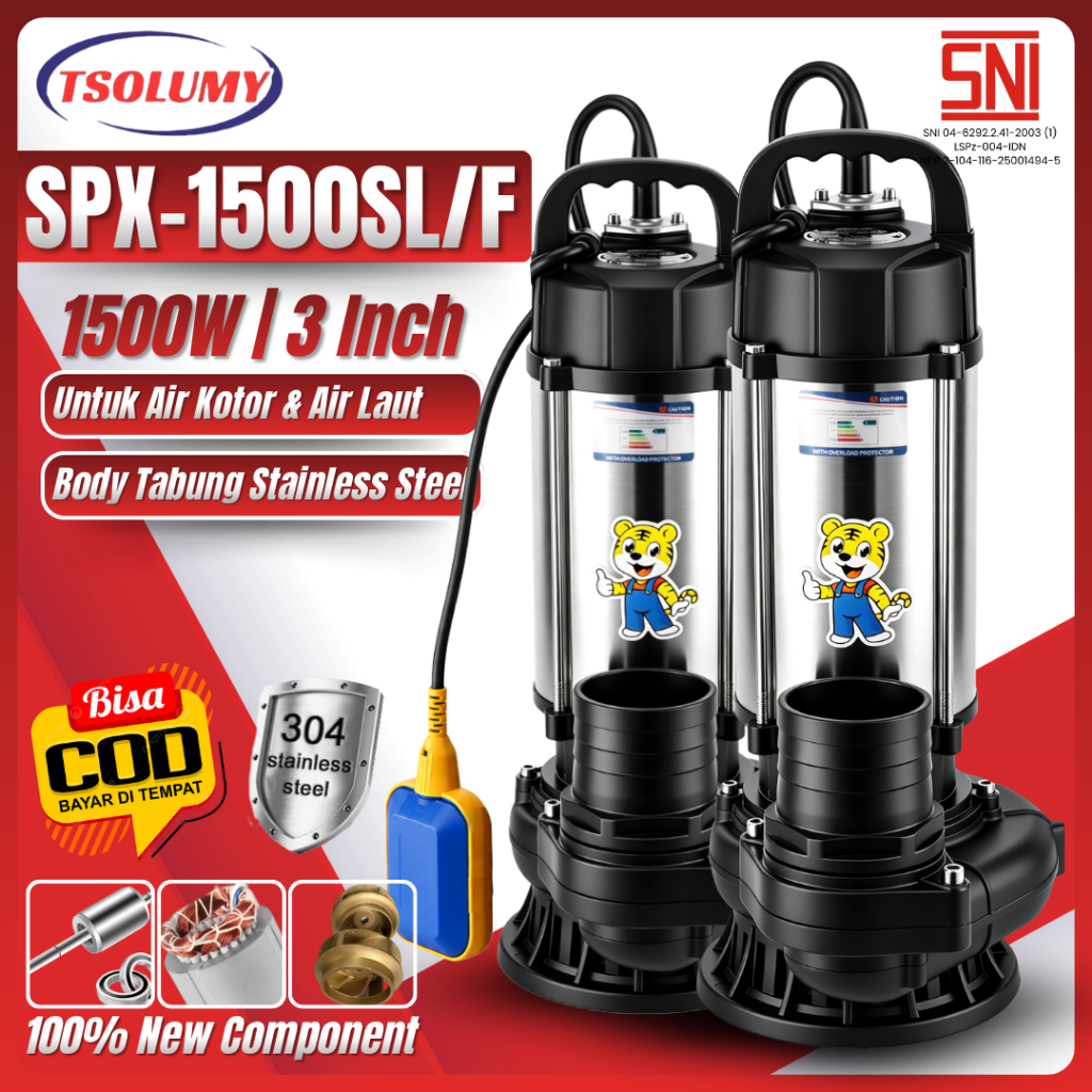 TSOLUMY Pompa Air Celup Air Limbah Lumpur SPX-1500SL/F Submersible Otomatis Pompa Kolam Pompa Irigas