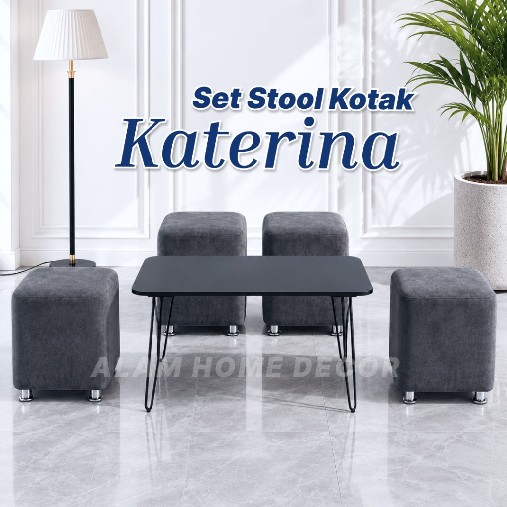 Set Stool Kotak KATERINA 4 Stool Kotak 1 Meja Panjang Minimalis Kain Bludru Katerina Ruang Tamu Cafe