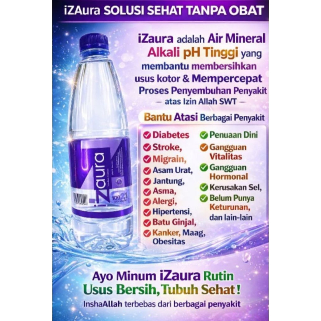 Air Minum Kesehatan Izaura 600ml - Dus 12 Botol, Alkali Alami, Antioxidant, Molekul Hexagonal