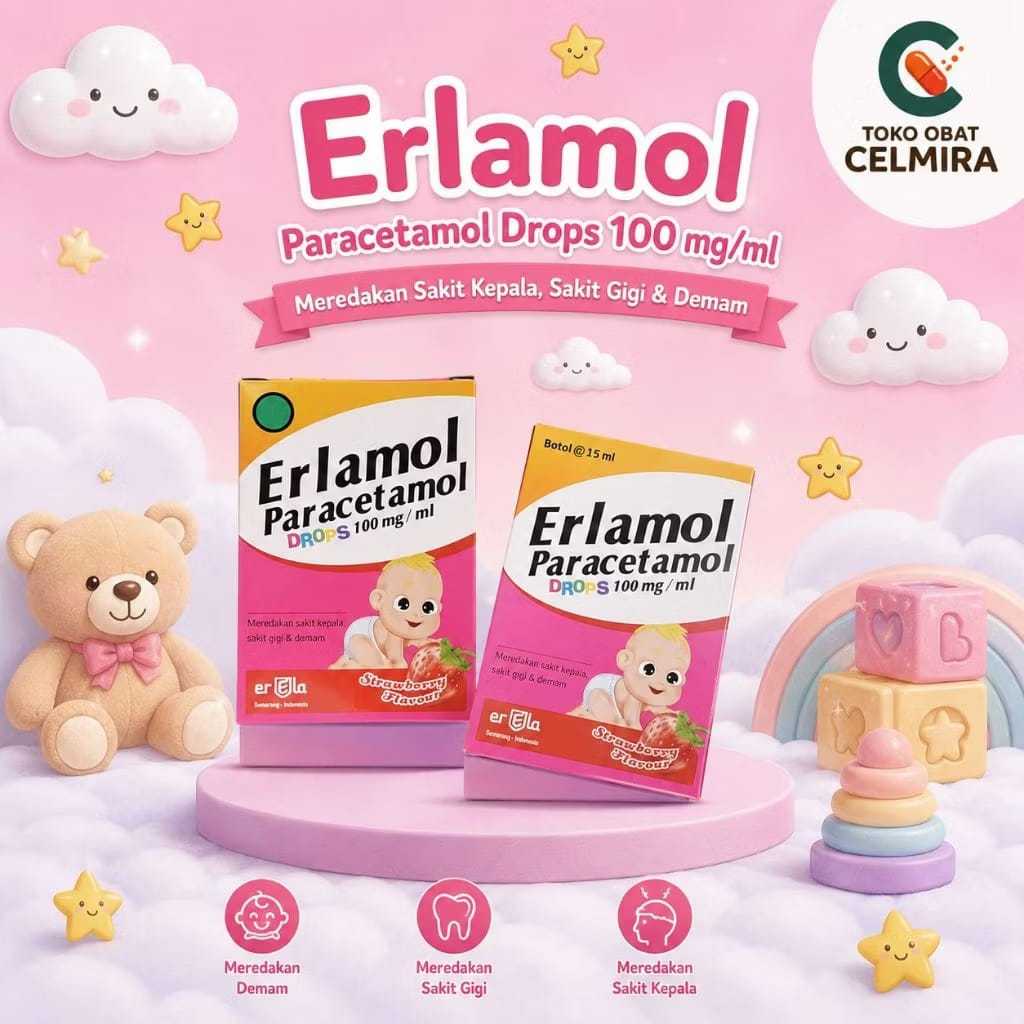 Erlamol Paracetamol Drops 100mg/ml Obat Demam Bayi Anak Pereda Panas Sakit Gigi Sakit Kepala 15ml