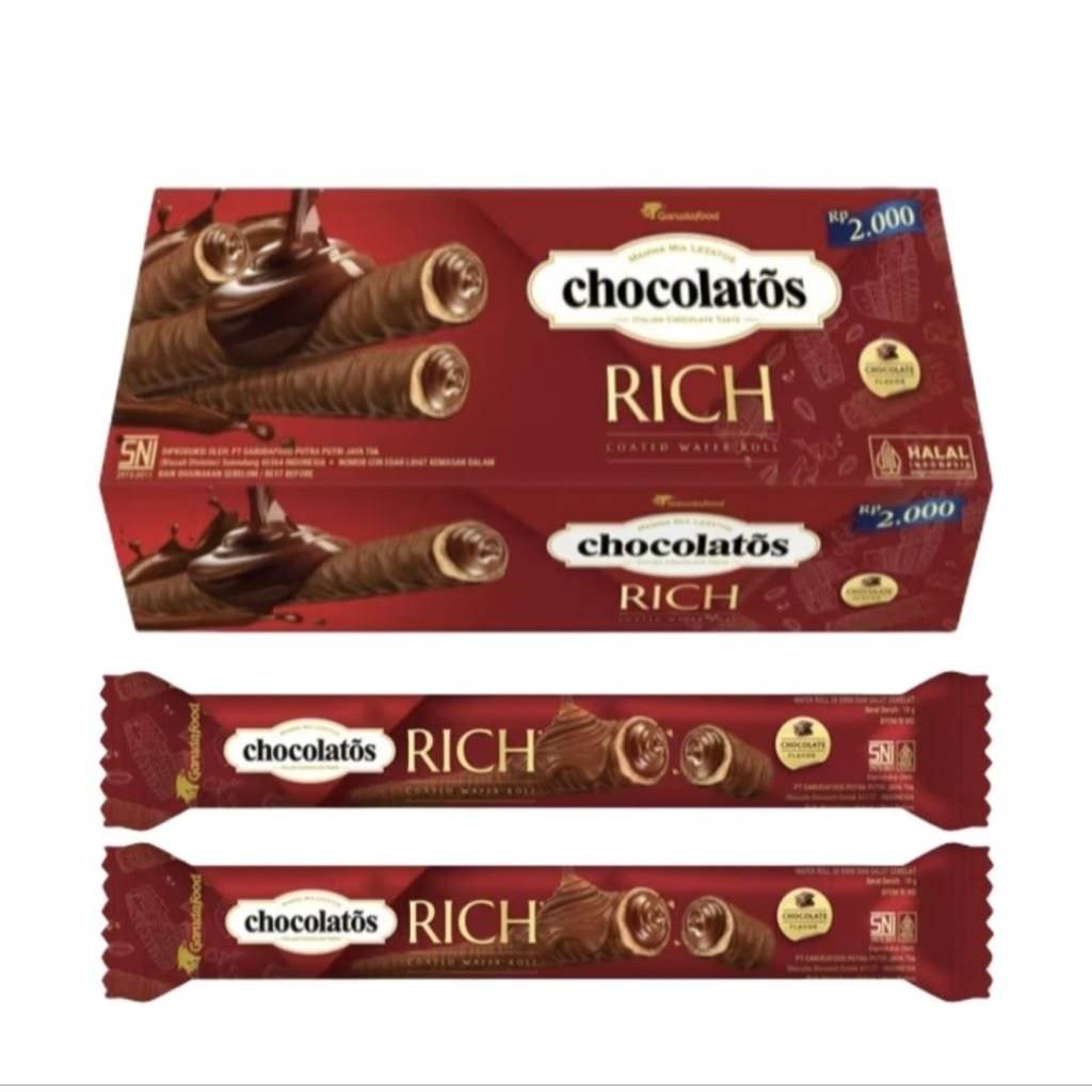 Chocolatos Rich Wafer Roll - 12 pcs, Rasa Coklat Italia, Krim Coklat Berlimpah Purwakarta