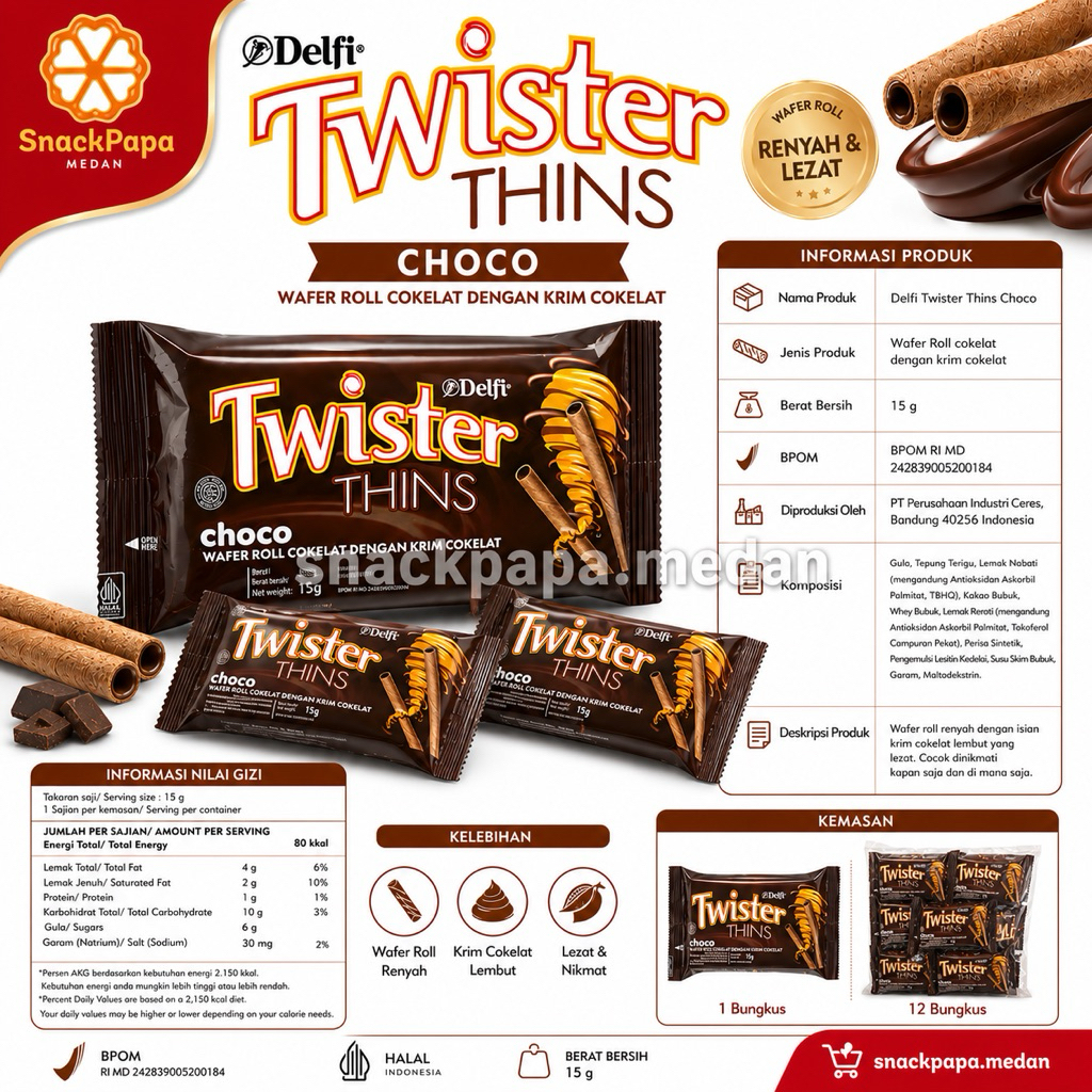 DELFI TWISTER THINS WAFER  CHOCO 15GR | DELFI TWISTER COKELAT | DELFI TWISTER WAFER ROLL COKELAT