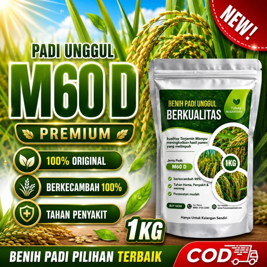 Benih padi genjah terbaik M60 D umur panen cepat 60 Hari panen kemasan 1kg original